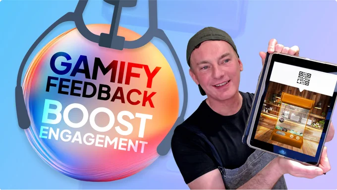 Image from lesson 7 video showing a grabber claw game holding a bubble saying 'Gamify feedback, boost engagement' and a man from a coffee shop holding a tablet screen showing a grabber game with a qr code for scanning.
