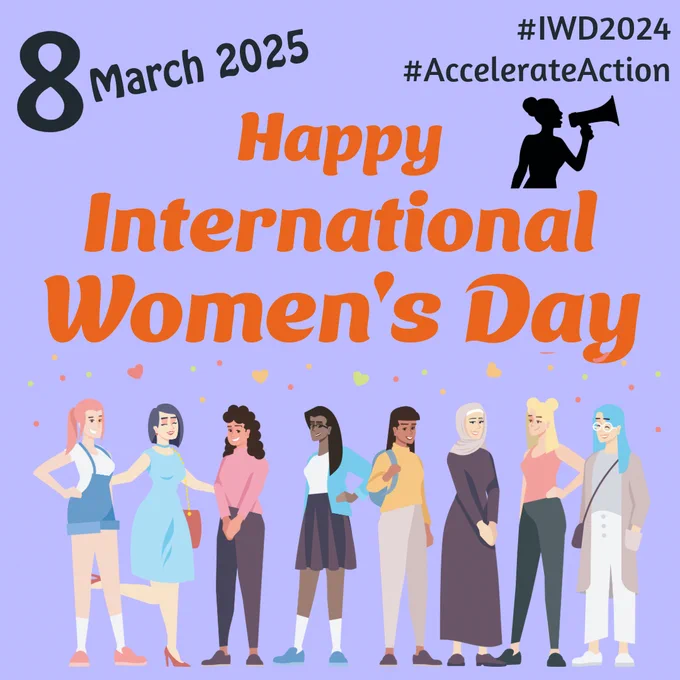 Graphic representing IWD featuring text and illustrations of a diverse crowd of women 
