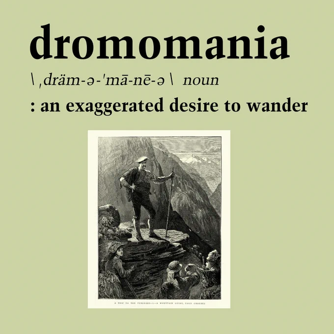 dromomania 
noun 
an exaggerated desire to wander

Background Image: A vintager sketch of a hiker