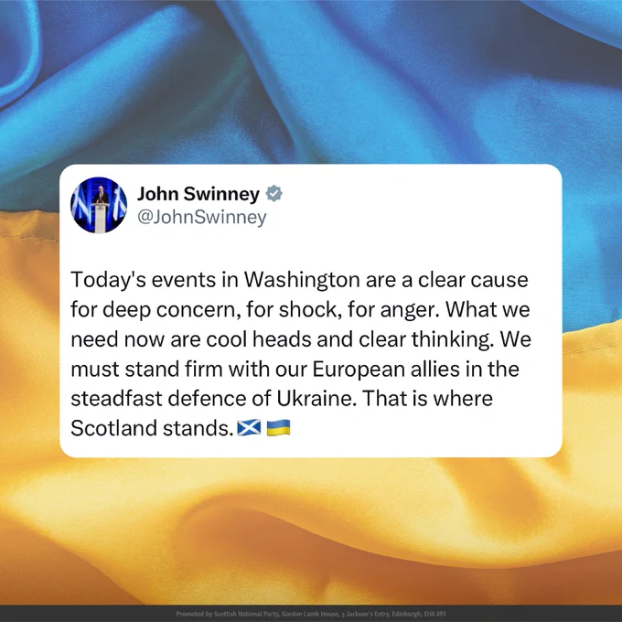 Image of a tweet with Ukraine flag background. tweet reads: Today's events in Washington are a clear cause for deep concern, for shock, for anger. What we need now are cool heads and clear thinking. We must stand firm with out European allies in the steadfast defence of Ukraine. That is where Scotland stands.