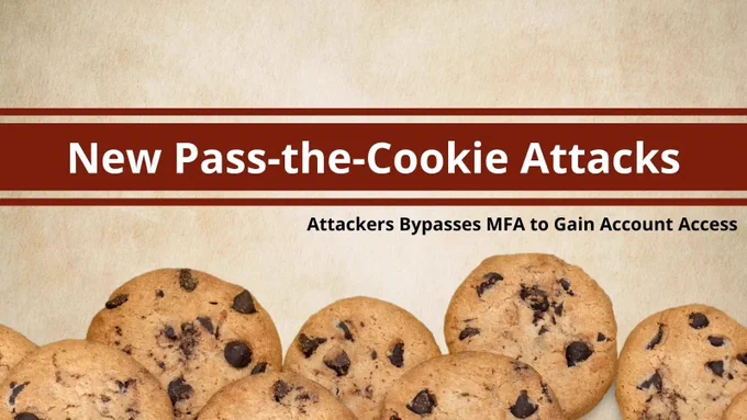 A row of chocolate chip cookies against a beige background. Atop them are the words "New Pass-the-Cookie Attacks" and "Attackers Bypass MFA to Gain Account Access'.