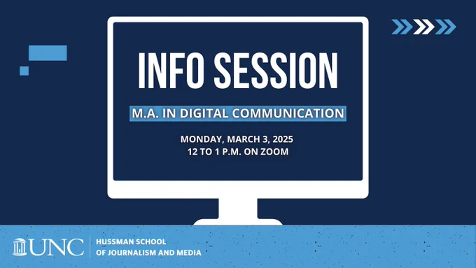 Graphic of a computer monitor. Text reads: Info session. M.A. in Digital Communication. Monday, March 3, 2025. 12 to 1 p.m. on Zoom. 