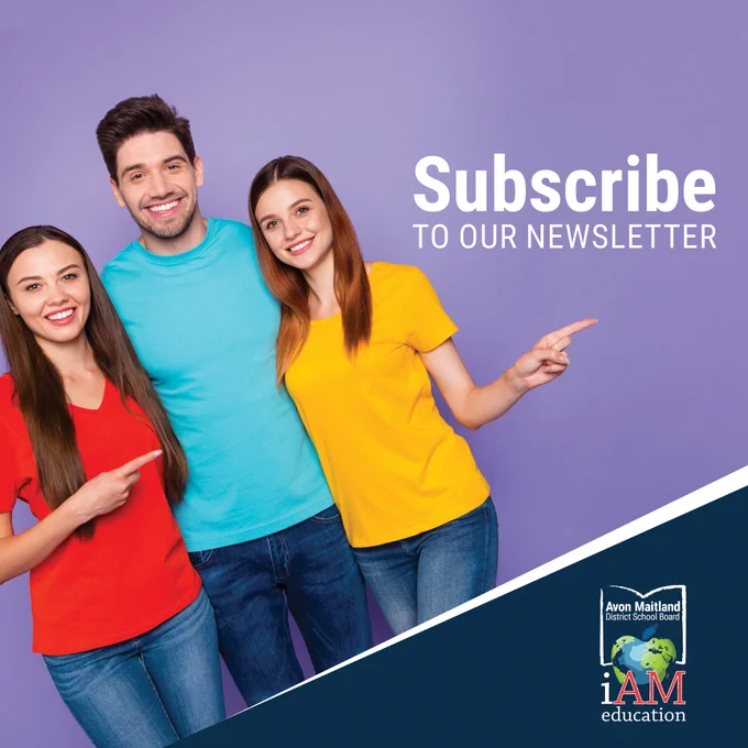 Three young adults standing together, smiling. Purple background with white text: Subscribe to our newsletter and AMDSB logo.