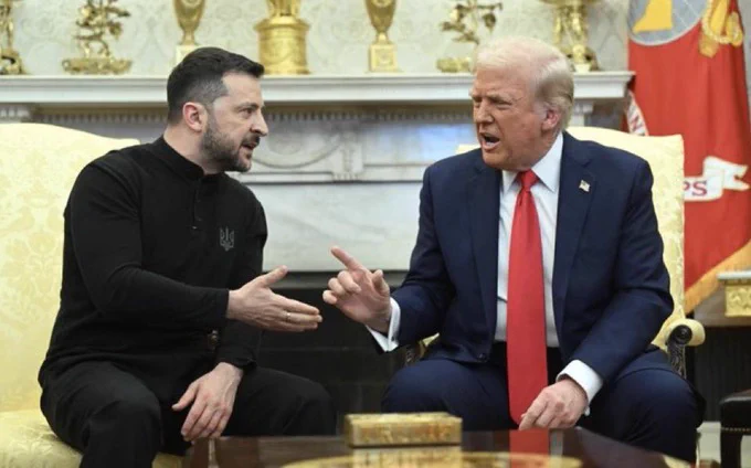 Zelensky and Trump in the Oval Office. Trump looking angry.