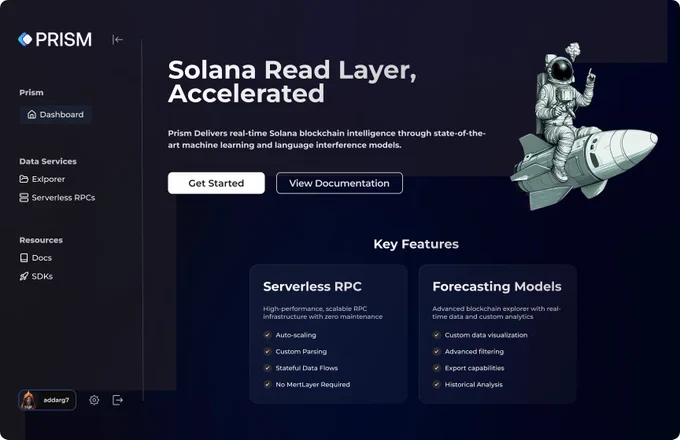 PRISM Landing Page. "Reading..." - Solana Read Layer, Accelerated with navigation bar on the left that has Dashboard, Explorer, Serverless RPC, Docs, and SDKs tabs. 