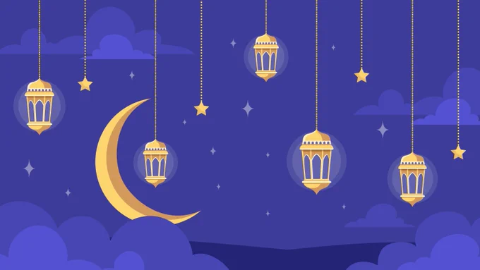 An illustration of a night sky with a crescent moon, hanging golden lanterns, and stars. The background is deep blue with scattered clouds and small glowing stars. 