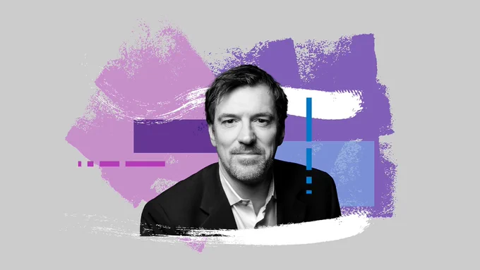 A colorful photo illustration of Conor Grennan, Chief AI Architect at the NYU Strern School of Business