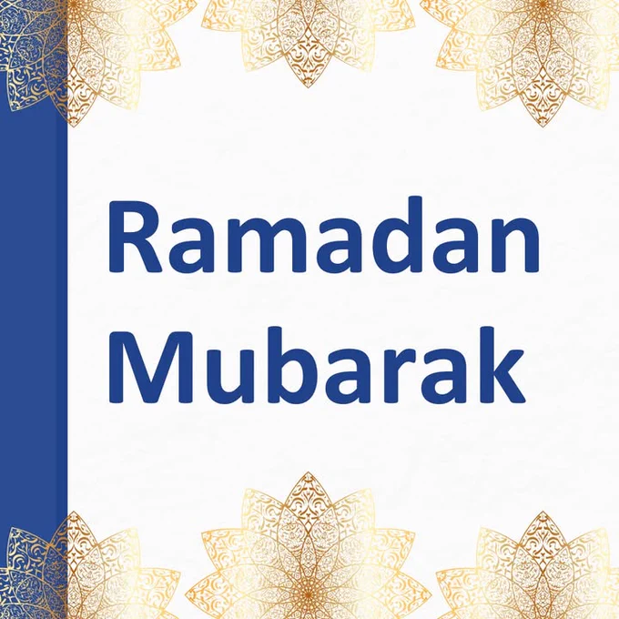 Graphic with the greeting 'Ramadan Mubarak' centered in blue text, framed by a decorative border with gold and beige geometric patterns on a white background.