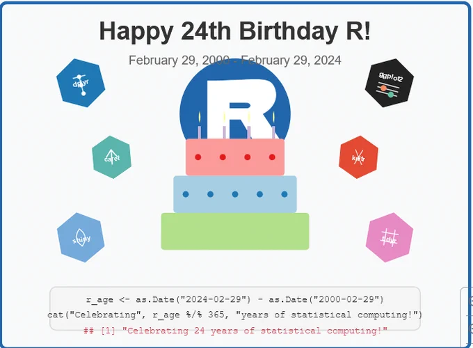 A birthday card generated by Claude AI from the prompt: "Can you make a birthday card or an image of a birthday cake for R software? 
R 1.0.0 was first released on February 29, 2000, so this is the 24th birthday. If you can use the R logo."
At the bottom is R code to calculate the birthday. Some hex stickers representing R package are on the sides.
