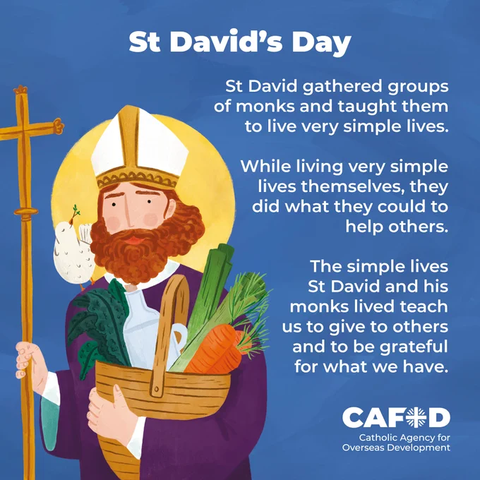 An illustration of St David.

"St David gathered groups of monks and taught them to live very simply lives.

While living very simple lives themselves, they did what they could to help others.

The simple lives St David and his monks lived teach us to give to others and to be grateful for what we have." 