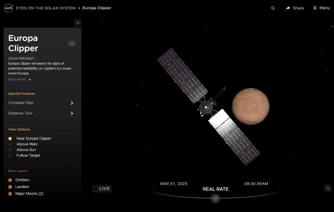 Screenshot of a web application showing a simulated view of the Europa Clipper spacecraft, with its twin wings of solar panel arrays, in space near the reddish sphere of the planet Mars.