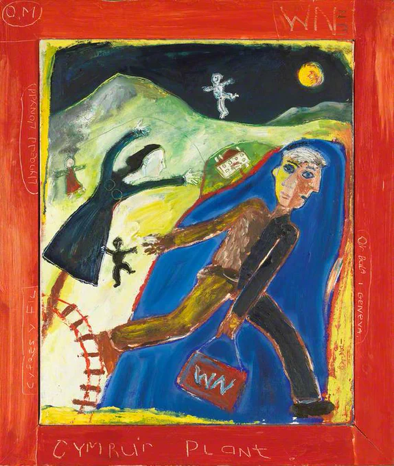 A figure strides through a hilly landscape