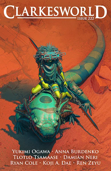 Clarkesworld 222 cover, featuring a green figure in a weird metal mask riding a four-eyed lizard in a red desert
