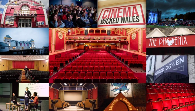 Montage of Welsh cinemas. From top left clockwise: the front of The Magic Lantern, audiences at Cardiff Animation Festival at Chapter, Wicked Wales' cinema sign, audiences at the Torch's Sunset Cinema, the front of Neuadd Ogwen, red cinema seats, the front of The Dragon in Barmouth, Theatr Gwaun's screen, Kotatsu Japanese Animation Festival Q&A, The Commodore Aberystwyth's screen with the Manager standing in the aisle, the outside of the Penarth Pier Pavilion and the inside of the Savoy Theatre Monmouth with it's red interior. 