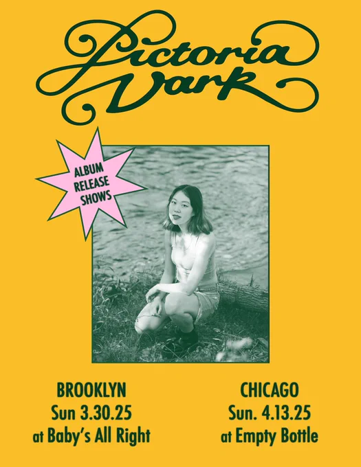 pictoria vark album release shows. brooklyn sun 3/30/25 at baby’s all right. chicago sun 4/13/15 at empty bottle.