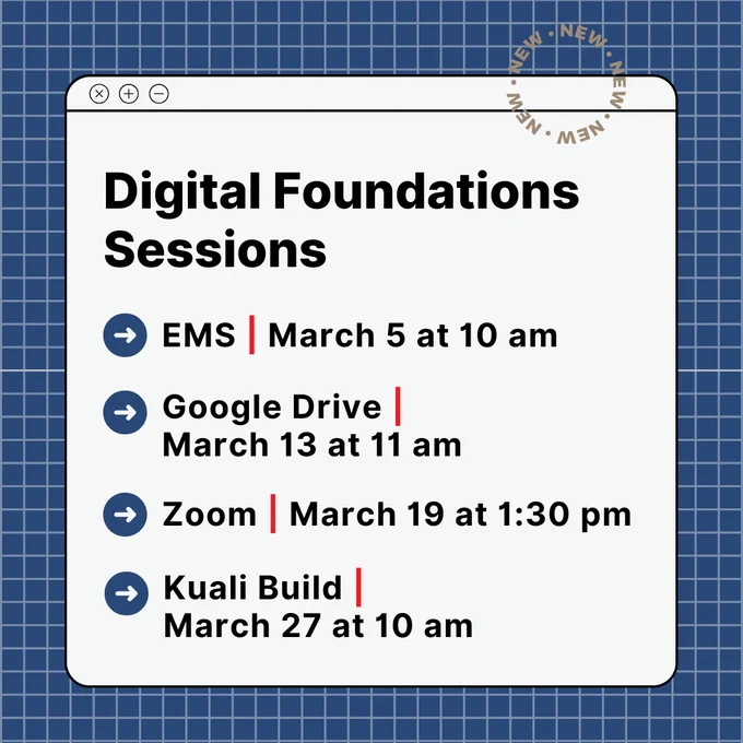 A graphic designed to look like a web browser window displays a list of “Digital Foundations Sessions” on a white background with a blue grid pattern. The sessions are: EMS on  March 5 at 10 am, Google Drive on March 13 at 11 am, Zoom on March 19 at 1:30 pm and Kuali Build on March 27 at 10 am.
Each session is preceded by a blue circle with a white right-facing arrow. In the top right corner, a circular stamp-like design repeats the word “NEW.”

