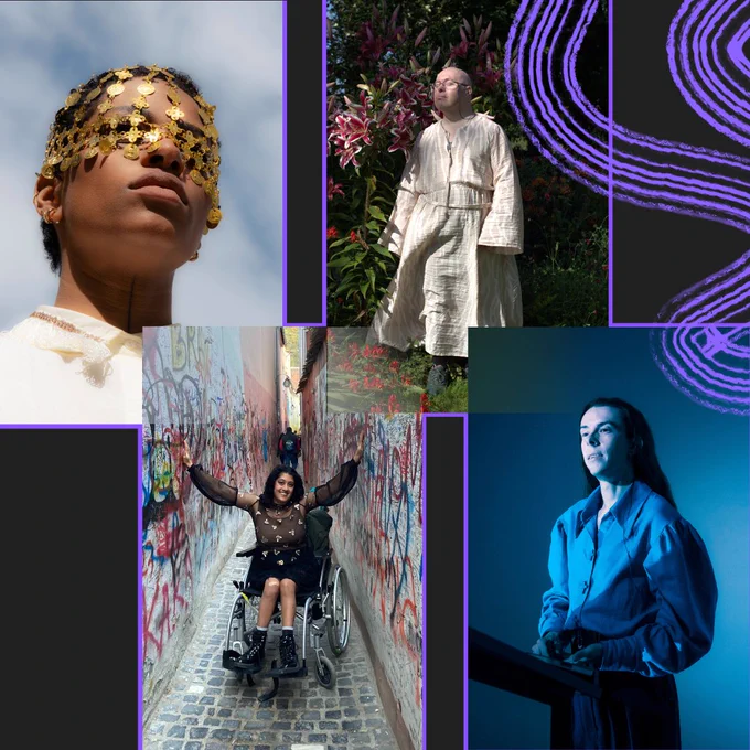 A collage of four images surrounded by bright purple frames. Clockwise from the top is artist Alessandra Azeviche wearing a gold face covering reminiscent of armor; artist Owen/Pink O'Malley wearing a long white cotton dress standing in front of blossoming pink lily; artist Maryam Madani in a graffitied alleyway she is sitting in her wheelchair with her hands raised up in the air and smiling; artist Day Magee standing in a space filled with blue light, they have long dark hair and are wearing a blue loose shirt.