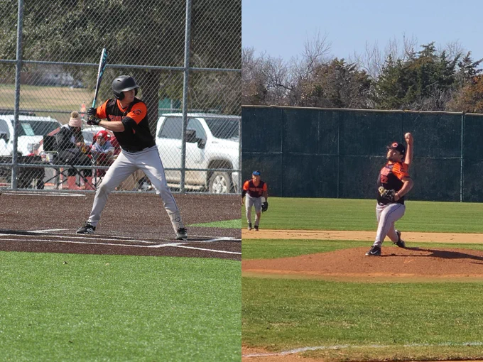 Dallas College Cedar Valley baseball's David Chandler (left, in the batter's box) and Johnny Garcia (right, striding forward to deliver a pitch) have been named the Dallas Athletic Conference Players of the Week. 