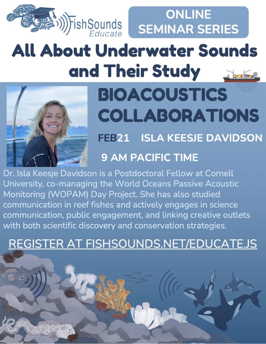FishSounds Educate seminar flyer about global bioacoustics collaborations. Register at FishSounds.net/educate.js