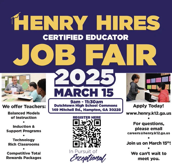 For questions, please email careers@henry.k12.ga.us.
Balanced Models of instruction, induction and support programs, technology rich classrooms, competitive total rewards packages
