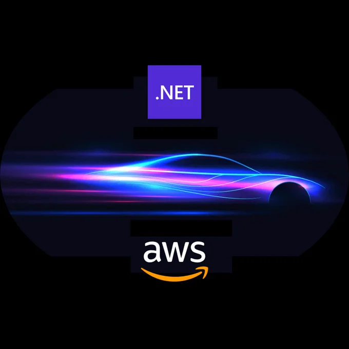 purple race car speeding forward with .NET logo above and AWS logo below