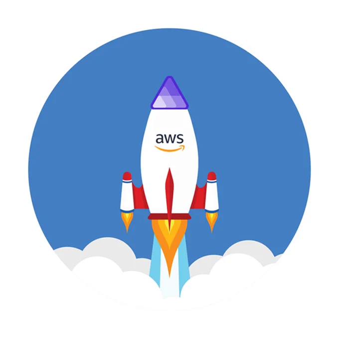 rocket ship launching with AWS logo