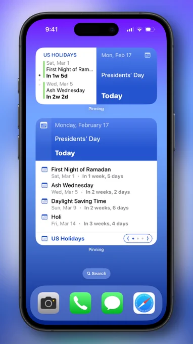 A screenshot of iPhone with Pinning widgets showing in the home screen. The source of the widgets is set to US Holiday.