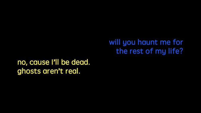 screen shot of Shane and Ryan's conversation on buzzfeed unsolved. Ryan in blue text "will you haunt me for the rest of my life?" Shane in yellow text "no, cause l'll be dead. ghosts aren't real "