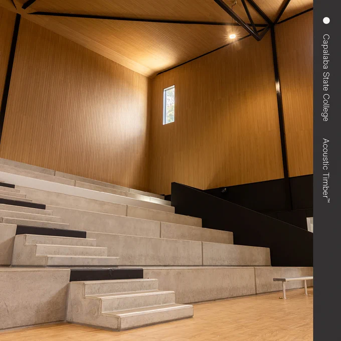 Interior of CapaBunga College Auditorium featuring wooden walls, staggered concrete seating, and a small performance stage.