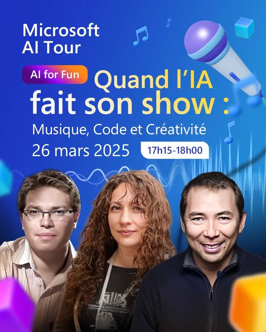 Imaginez une violoniste développeuse, un développeur mélomane et un expert en code japonais traditionnel, réunis pour une session AI for Fun. Anne-Flore Bernard (Eduilb), David Rousset (Microsoft France) et Mitsuru Furuta (LexLogos) vous embarquent dans une expérience où l’IA ne se contente pas d’automatiser… elle improvise, compose et s’amuse !