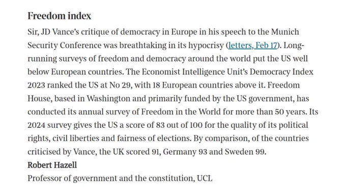 Freedom index
Sir, JD Vance’s critique of democracy in Europe in his speech to the Munich Security Conference was breathtaking in its hypocrisy (letters, Feb 17). Long-running surveys of freedom and democracy around the world put the US well below European countries. The Economist Intelligence Unit’s Democracy Index 2023 ranked the US at No 29, with 18 European countries above it. Freedom House, based in Washington and primarily funded by the US government, has conducted its annual survey of Freedom in the World for more than 50 years. Its 2024 survey gives the US a score of 83 out of 100 for the quality of its political rights, civil liberties and fairness of elections. By comparison, of the countries criticised by Vance, the UK scored 91, Germany 93 and Sweden 99.
Robert Hazell
Professor of government and the constitution, UCL