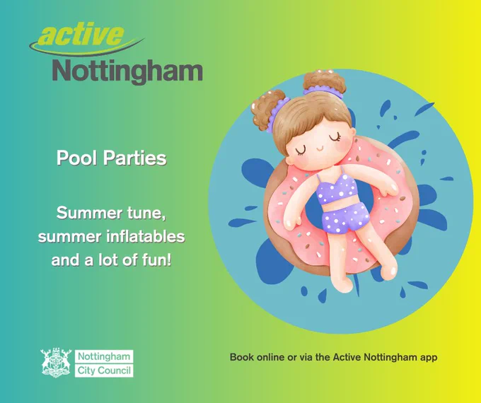 Yellow and green graduated colour background with a cartoon graphic of a child (with pigtails) floating on a donut shaped floatation device in a swimming pool. To the left are the words "Pool Parties, music, inflatables and a lot of fun".