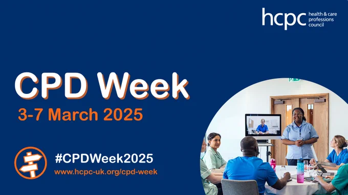 Blue graphic with the HCPC logo in the top right. A circular photo is visible in the bottom right corner, featuring healthcare professionals, with four seated and one standing who is delivering a presentation. Words overlayed over the rest of the graphic are:
CPD Week, 3-7 March 2025 
#CPDWeek2025
www.hcpc-uk.org/cpd-week

There is an orange icon showing a signpost in a circle in the bottom left corner. 