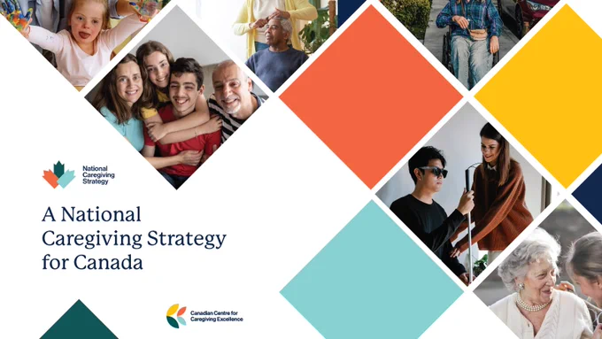 Square cutouts showing a diverse range of people who give and receive care. Text: A National Caregiving Strategy for Canada