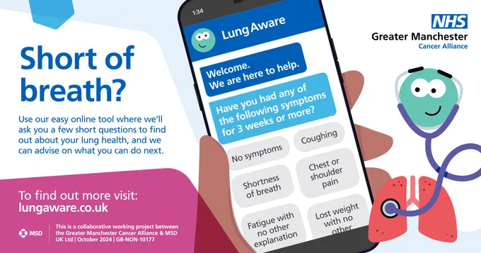 A cartoon image showing a hand holding a phone with the LungAware tool displayed on it. There is a cartoon stethoscope with a smiling face next to it, “listening” to some cartoon lungs. On the left of the phone it reads: 
Short of breath? Use our easy online tool where we’ll ask you a few short questions to find out about your lung health, and we can advise on what you can do next. To find out more visit www.lungaware.co.uk 
