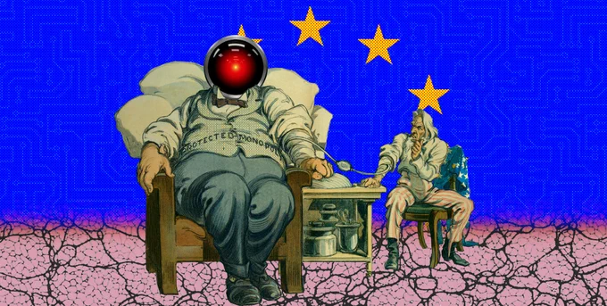 A Gilded Age editorial cartoon of a frowning Uncle Sam giving a blood transfusion to a gargantuan business-man whose waistcoat is labeled 'protected monopolies.' The businessman's head has been replaced with the hostile red eye of HAL 9000 from Kubrick's '2001: A Space Odyssey.' The background has been replaced with a halftoned EU flag whose blue field is covered in circuit-board traceries. The floor beneath the figures is an abstract, pinkish pattern.

Image:
Cryteria (modified)
https://commons.wikimedia.org/wiki/File:HAL9000.svg

CC BY 3.0
https://creativecommons.org/licenses/by/3.0/deed.en

--

EFF
https://www.eff.org/files/issues/eu-flag-11_1.png

CC BY 4.0
https://creativecommons.org/licenses/by/4.0/deed.en
