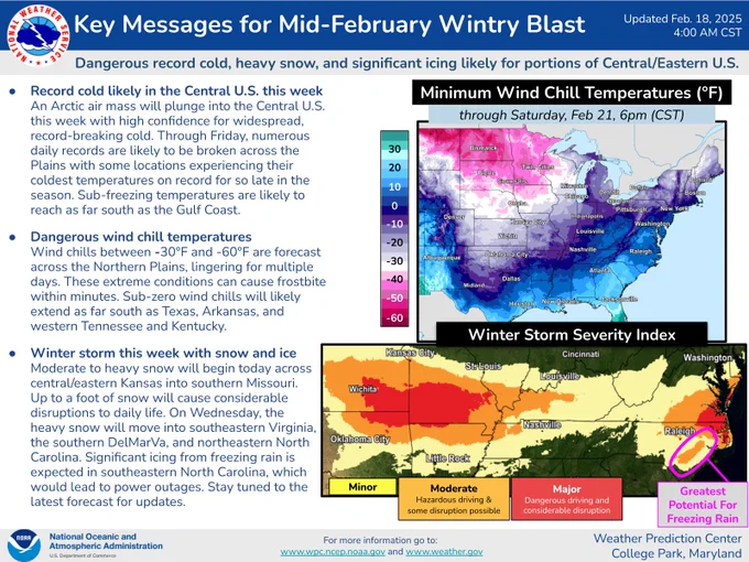 An Arctic air mass will plunge into the Central U.S. this week with high confidence for widespread, record-breaking cold. Through Fri, numerous daily records are likely to be broken across the Plains with some locations experiencing their coldest temperatures on record for so late in the season. Sub-freezing temperatures are likely to reach as far south as the Gulf Coast. 
Wind chills between -30°F and -60°F are forecast across the Northern Plains, lingering for multiple days. These extreme conditions can cause frostbite within minutes. Sub-zero wind chills will likely extend as far south as TX, AR, and western TN and KY.
Moderate to heavy snow will begin today across central/eastern KS into southern MO.  Up to a foot of snow will cause considerable disruptions to daily life. On Wed, the heavy snow will move into southeastern VA, the southern DelMarVa, and northeastern NC. Significant icing from freezing rain is expected in southeastern NC, which would lead to power outages.