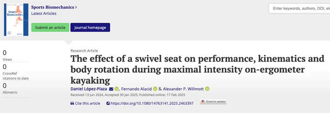 A screenshot showing the title "The effect of a swivel seat on performance, kinematics and body rotation during maximal intensity on-ergometer kayaking" on the Sports Biomechanics website.