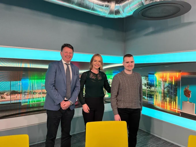 Professor David Keegan (left), consultant ophthalmic surgeon at the Mater Hospital, and patient Stuart Haxell with RTÉ's Claire Byrne 