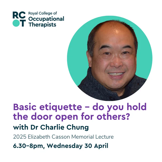 Text reads 'Basic etiquette – do you hold the door open for others? with Dr Charlie Chung. 2025 Elizabeth Casson Memorial Lecture. 6.30–8pm, Wednesday 30 April'