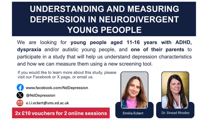 📢 Help us reach parents of neurodivergent young people with our important research study! Depression often looks different in neurodivergent young people, which traditional screeners often overlook. Therefore, we're testing a new depression screener, co-produced by neurodivergent young people, to ensure faster, more accurate diagnoses and ultimately better mental health care. 
🏳️‍🌈 #ADHD #Autism #Dyspraxia #Neurodiversity 
