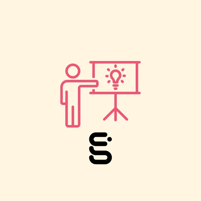 A cream image with a pink illustration of a person presenting an idea.