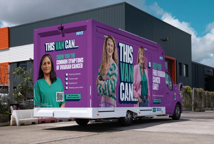 A bright purple van with the words This Van Can on the side and three women including a South Asian consultant gynaecologist, an older white woman patient and a younger white woman patient