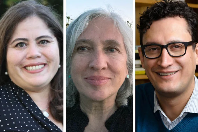 Composite photo of a woman with brown hair, a woman with gray hair, and a man with short curly brown hair and glasses