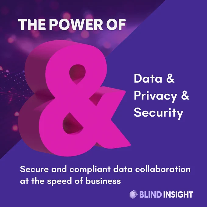 Large pink "and" symbol near the center of the image on a purple background. Text reads "The power of & - Data & Privacy & Security. Secure and compliant data collaboration at the speed of business." Blind Insight logo in lower right