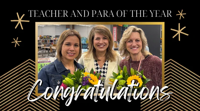 Teacher and Para of the year pose with school principal with decorative gold and black border