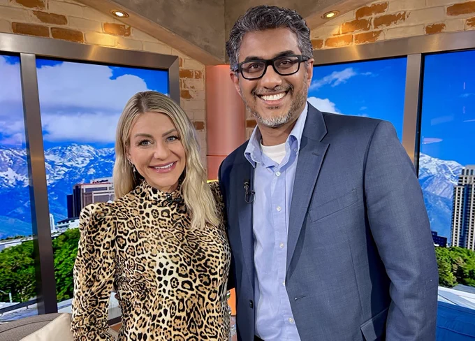 FOX13's The PLACE anchor/host, Jenny Hardman, smiles with St. Mark's Hospital Interventional Cardiologist, Dr. Vamsee Yaganti, in studio.