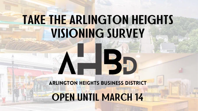 faded out images of Arlington Heights businesses with the text Take the Arlington Heights Visioning Survey Open until March 14 with the AhBD logo.