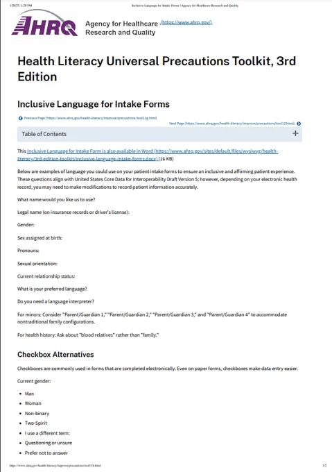 Screenshot of first portion of Inclusive Language for Intake Forms toolkit from December 2024, which provides questions for patient intake forms on how to ask for name, relationship status, preferred language, pronouns, gender, and sexual orientation.