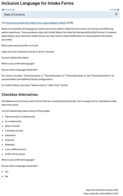 Screenshot of current Inclusive Language for Intake Forms toolkit, which provides questions for patient intake forms on how to ask for name, relationship status, and preferred language.